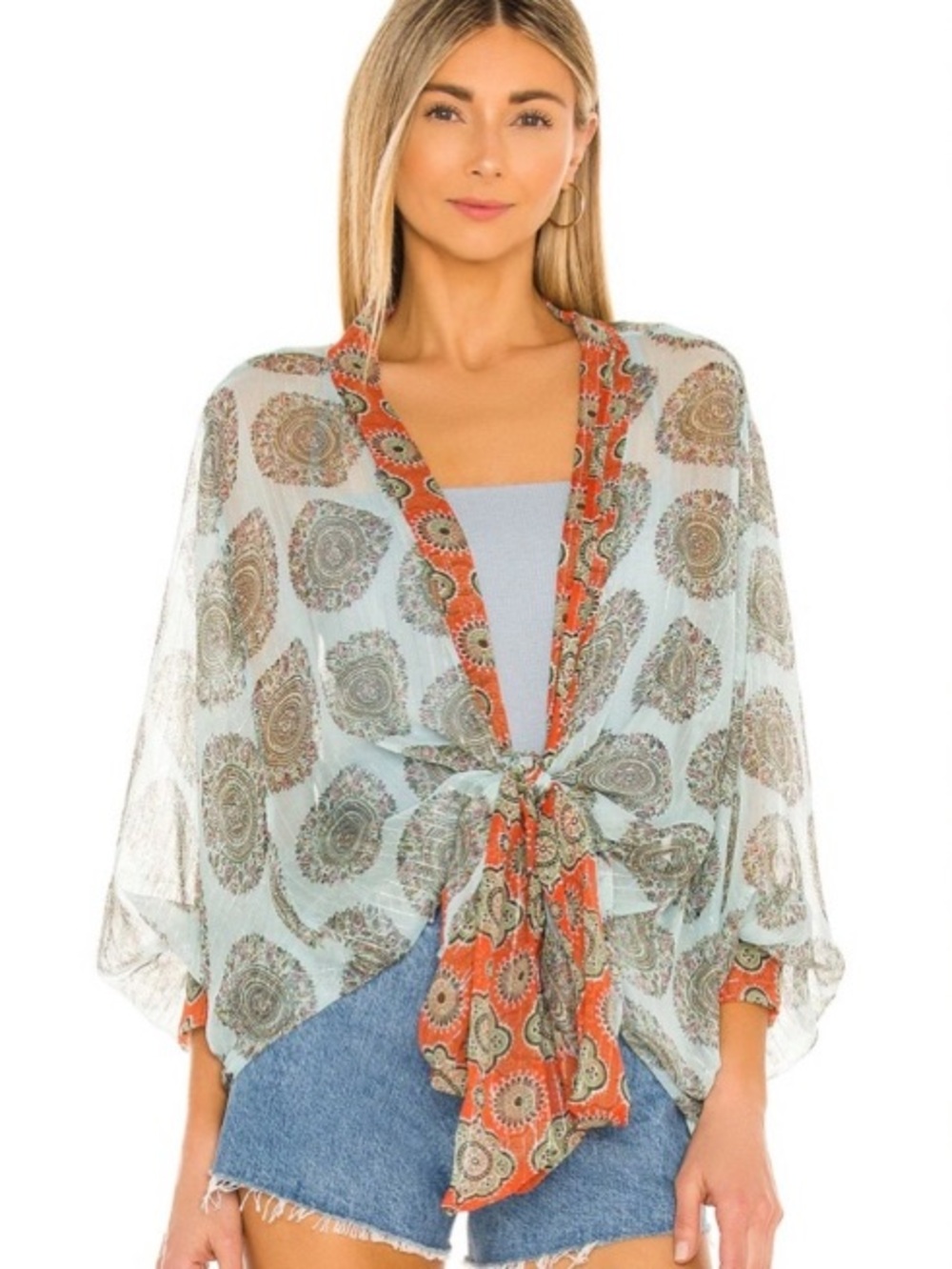Free People Cool Blue Paisley Print Top with Coral Trim